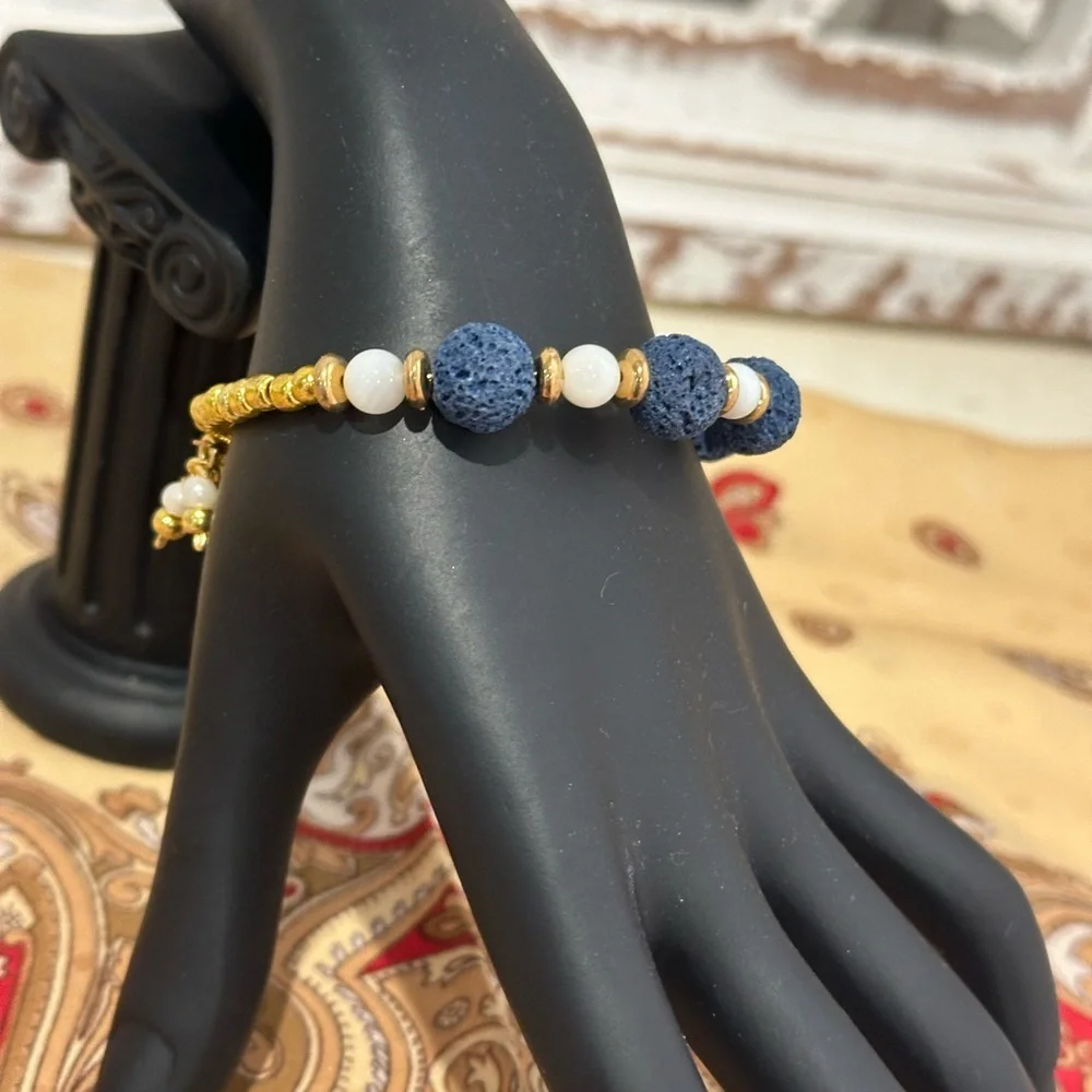 Elegant Blue Lava Stone and Gold Beaded Bracelet - Picture 4 of 4